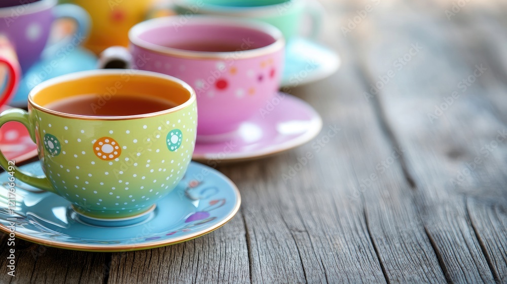 Children's Tea Party with Vibrant Teacups on Rustic Table and Space for Text or Message Children's Tea Party with Vibrant Teacups on Rustic Table and Space for Text or Message