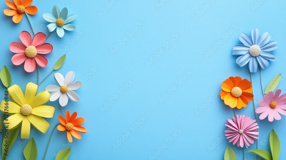 Creative Children's Crafts for Homeschooling and Education with Colorful Paper Flowers and Copy Space for Text on Blue Background Creative Children's Crafts for Homeschooling and Education with Colorful Paper Flowers and Copy Space for Text on Blue Background