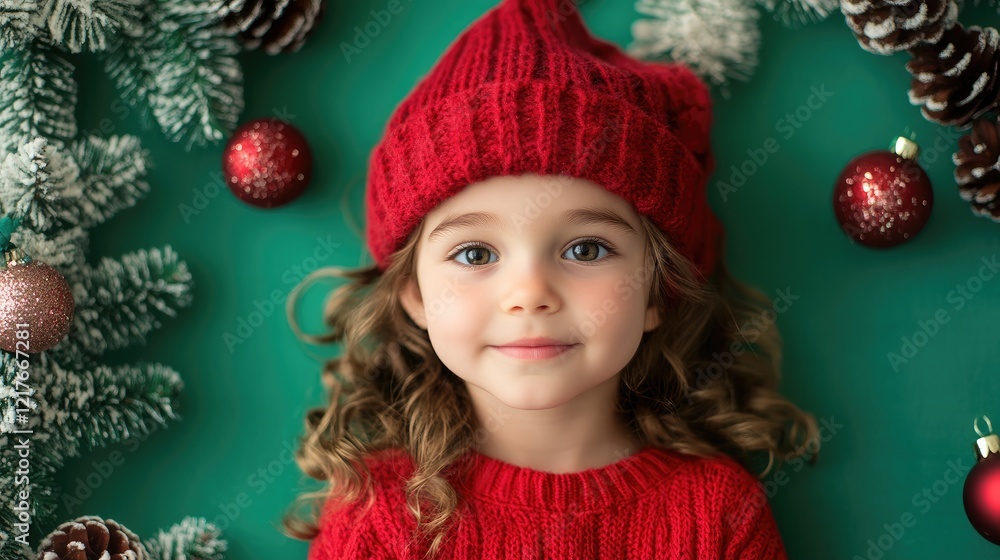 Charming Christmas Card Design Featuring Cheerful Child in Red Knitwear Surrounded by Holiday Decor on Green Background Charming Christmas Card Design Featuring Cheerful Child in Red Knitwear Surrounded by Holiday Decor on Green Background