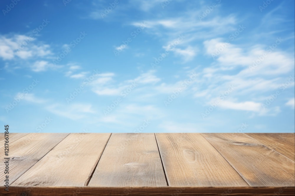 Abstract Blue Sky Kids Background with Empty Wooden Table and Shelf for Children and Babies Abstract Blue Sky Kids Background with Empty Wooden Table and Shelf for Children and Babies
