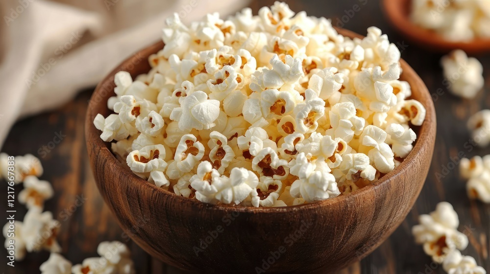 Wooden bowl of popcorn on wood table Wooden bowl of popcorn on wood table