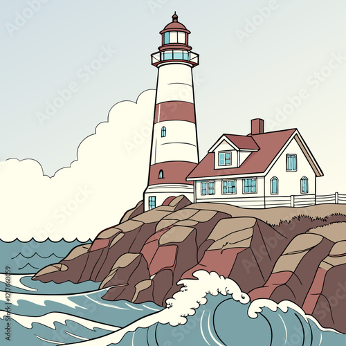 horizon, horizontal, no people, seascape, illustration, island, lighthouse, sky, vector, water, beach, sea, summer, panoramic, coastline, night, tower, uk, art, beacon, cartoon, atlantic ocean, beauty
