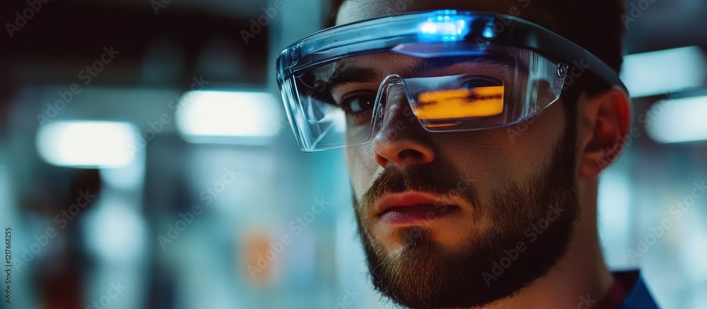 Engineer wearing smart glasses for quality inspection in industrial setting with digital overlay for enhanced productivity and monitoring. Engineer wearing smart glasses for quality inspection in industrial setting with digital overlay for enhanced productivity and monitoring.