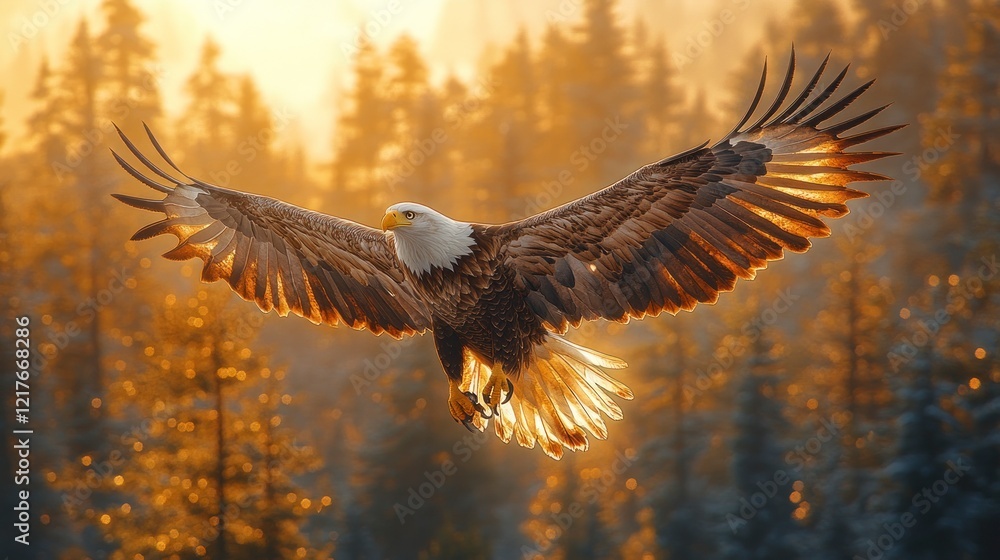 Majestic bald eagle in flight at sunset, wings spread wide over snowy forest. Majestic bald eagle in flight at sunset, wings spread wide over snowy forest.