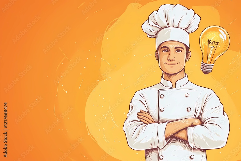 Creative cook with a burning light bulb symbolizing culinary innovation. Creative cook with a burning light bulb symbolizing culinary innovation.