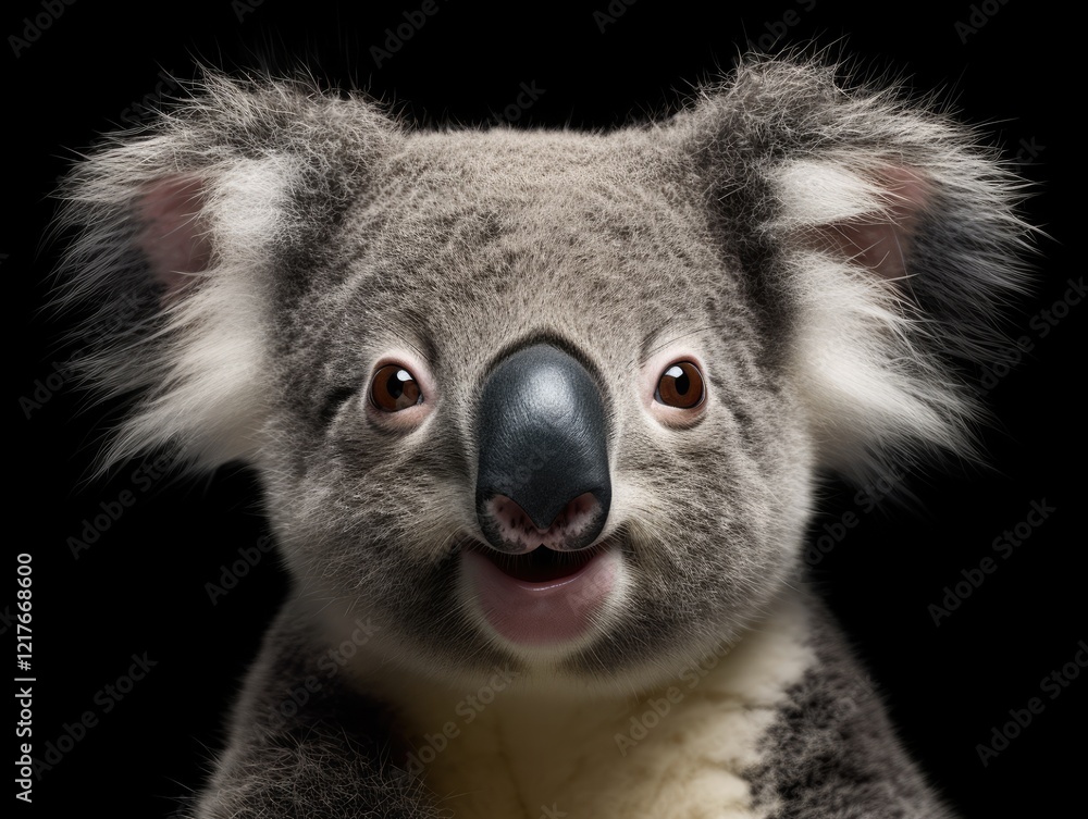 Fototapeta premium Adorable Front View Portrait of a 3-Year-Old Male Koala Bear - Cut-Out Image of Adorable Arboreal Animal Head with Australia Theme