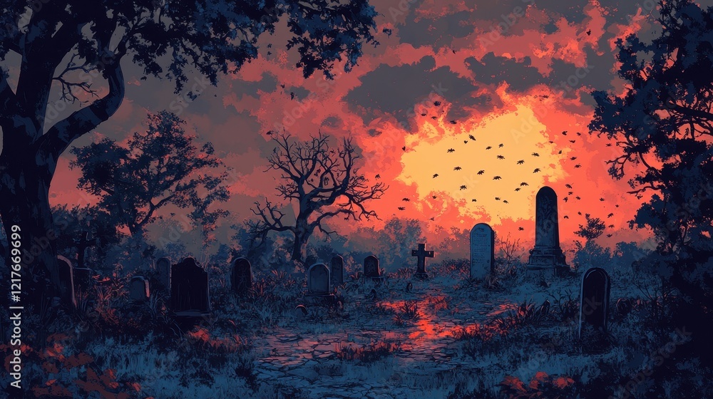 A Sunset Graveyard Scene With Birds And Tombstones A Sunset Graveyard Scene With Birds And Tombstones