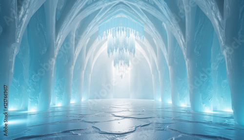 Majestic ice palace interior with glimmering ice formations and glowing light