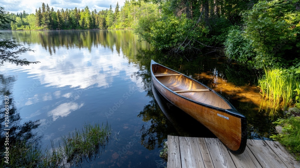 A wooden canoe is gently moored on a dock at the edge of a peaceful lake. Lush trees and reflection of clouds create a serene atmosphere on a clear, sunny day A wooden canoe is gently moored on a dock at the edge of a peaceful lake. Lush trees and reflection of clouds create a serene atmosphere on a clear, sunny day