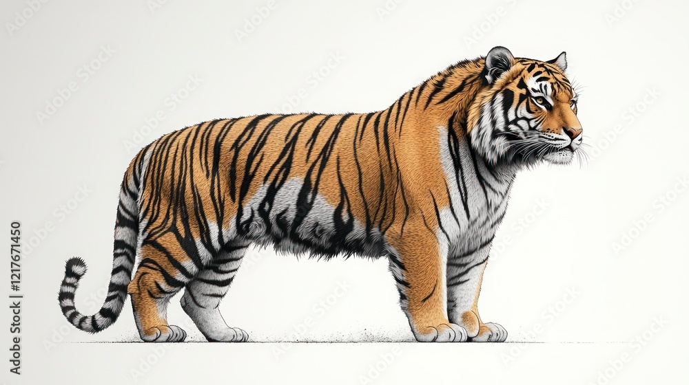 Obraz premium Majestic tiger standing, side profile, isolated on white background.