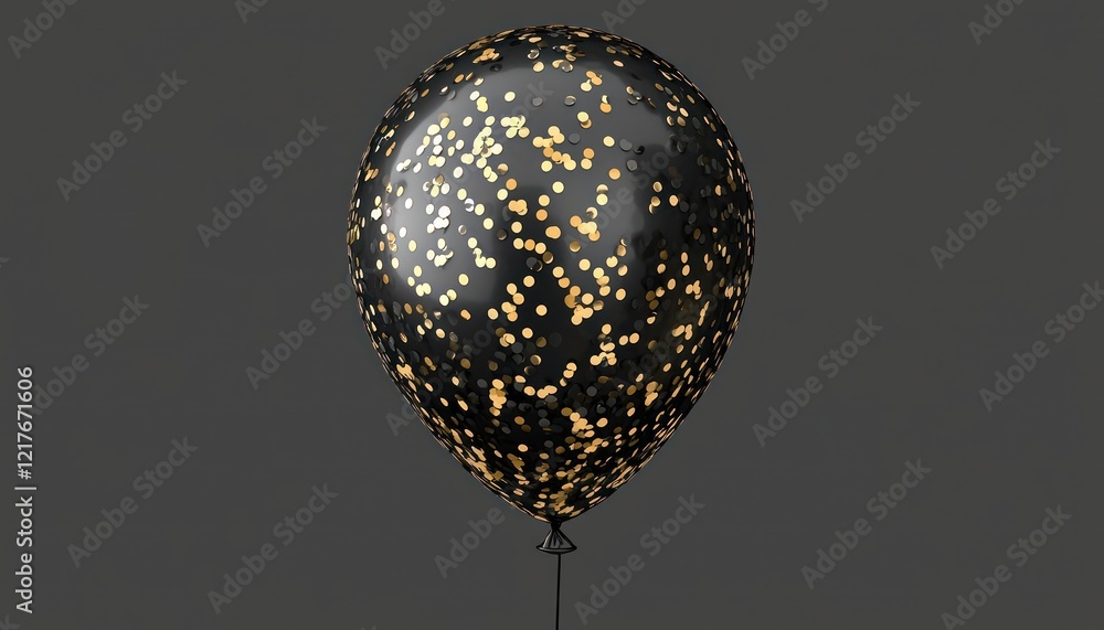 Obraz premium A high-resolution black balloon adorned with shimmering gold and silver confetti, isolated as PNG cutout on a transparent background with crisp, clean edges.