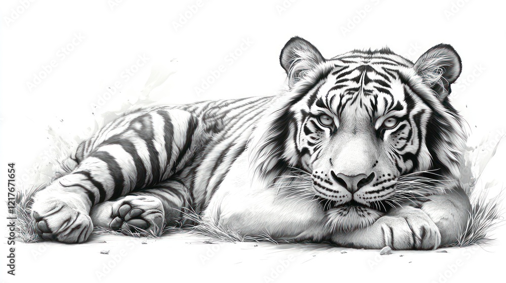 Fototapeta premium Majestic white tiger resting in grass, pencil sketch.