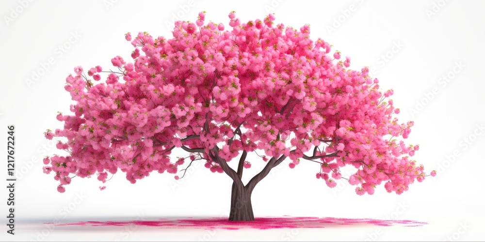 Fototapeta premium Beautiful Cherry Tree in Full Bloom. 3D Rendered Image of Blossoming Tree Branch and Vibrant Colours, Isolated in White Background