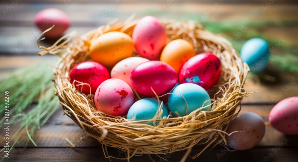 Obraz premium Beautiful Easter Basket Filled with Adorable Colorful Eggs - A Celebration of Spring and Beauty