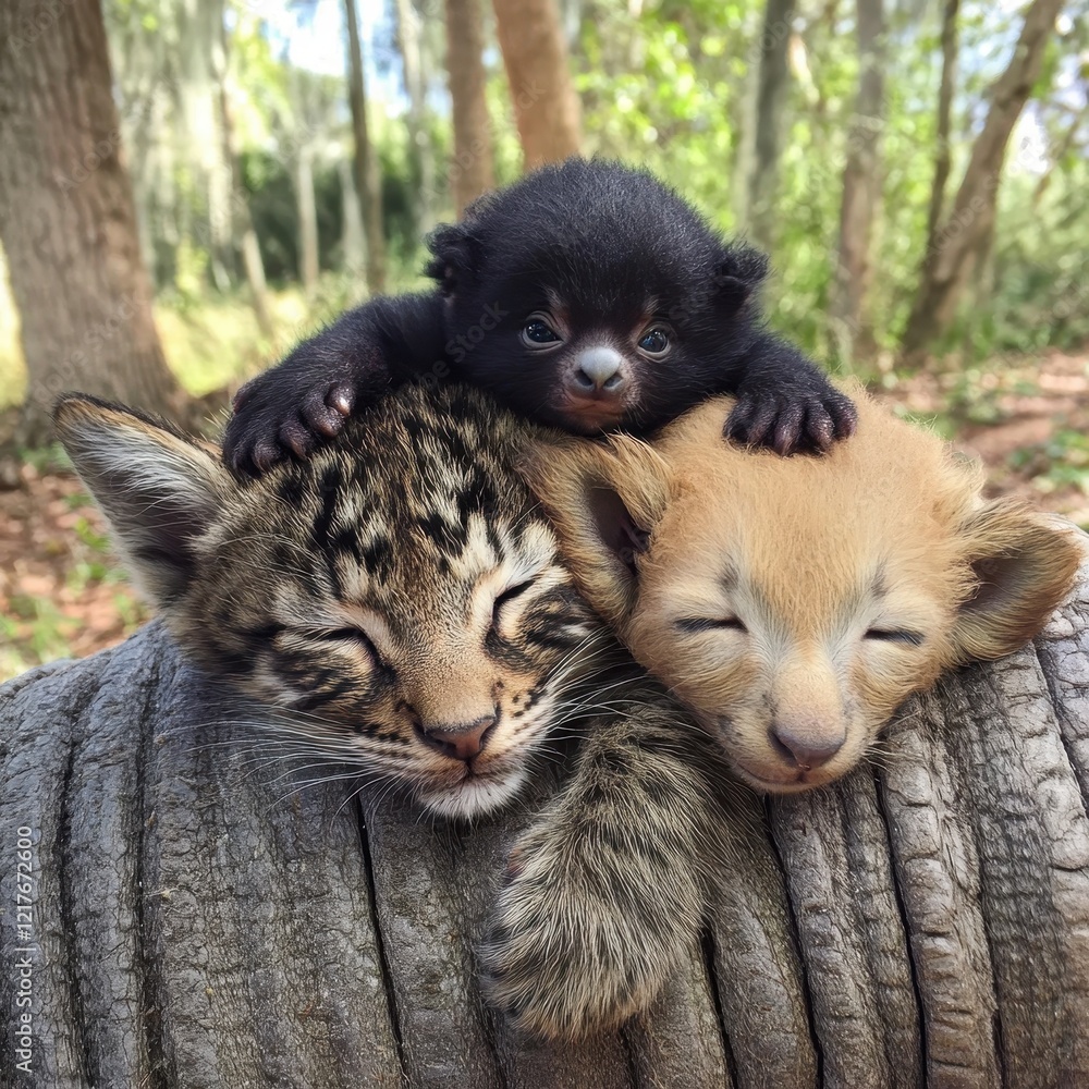 Obraz premium A playful trio of young animals-two kittens and a baby bear-snuggle together in a serene natural setting, exuding cuteness and friendship.
