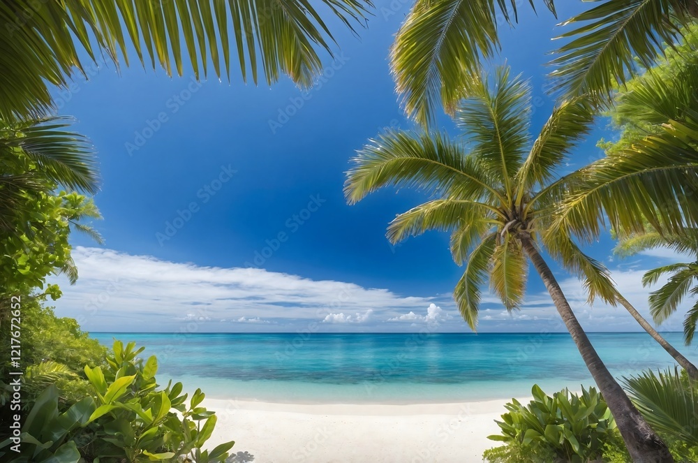 Naklejka premium Tropical Beach Paradise Framed by Palm Leaves with Vibrant Blue Sky