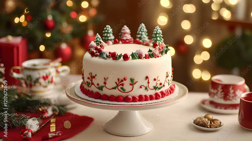 Decorating a Christmas cake with marzipan, fondant, and holiday-themed decorations, on a festive holiday table Decorating a Christmas cake with marzipan, fondant, and holiday-themed decorations, on a festive holiday table