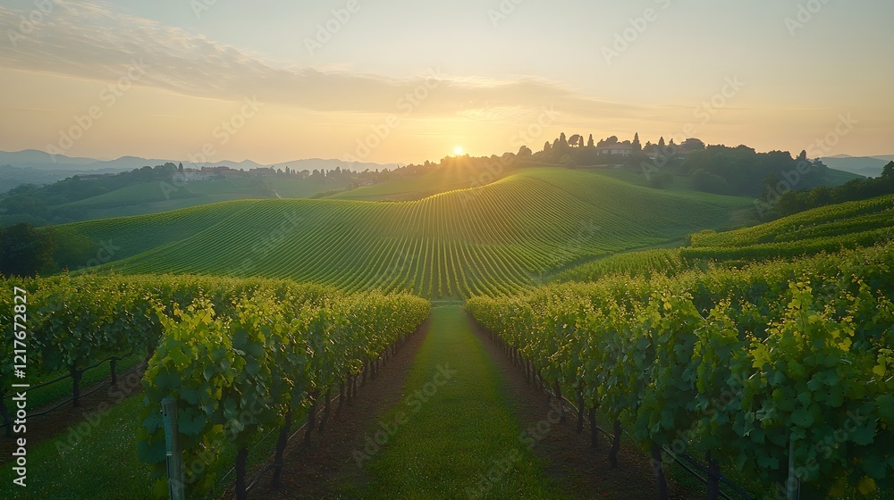 Fototapeta premium Lush Vineyard at Dawn in Rolling Hills – Generative AI