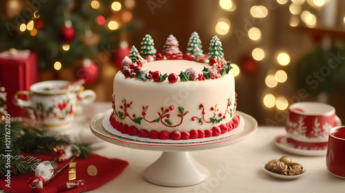 Fotografi Decorating a Christmas cake with marzipan, fondant, and holiday-themed decoratio