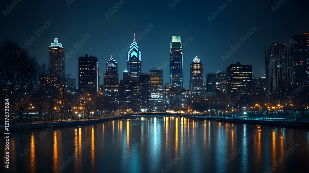 Fototapeta premium Nighttime City Skyline with Illuminated Buildings for Real Estate Ads – Generative AI