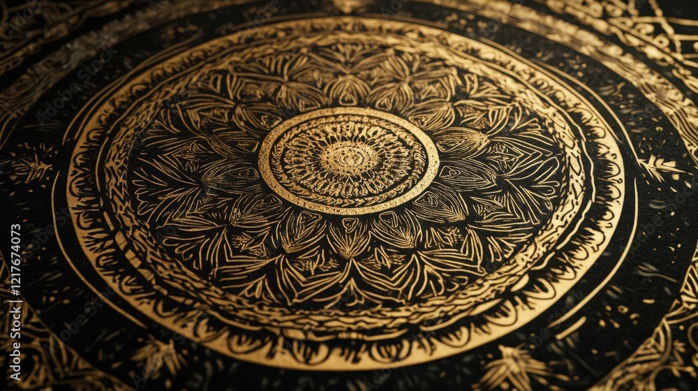 Fototapeta premium Intricate golden mandala pattern on a dark background evokes spiritual elegance and ornate beauty in decorative design