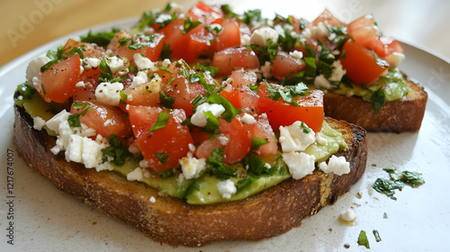 Fotografia Delicious avocado toast topped with fresh tomatoes, feta, and spices, capturing