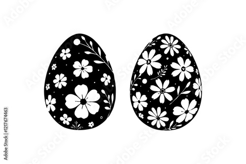 Two black Easter eggs with floral patterns in white, isolated on a clean white background. Concept of Easter decoration