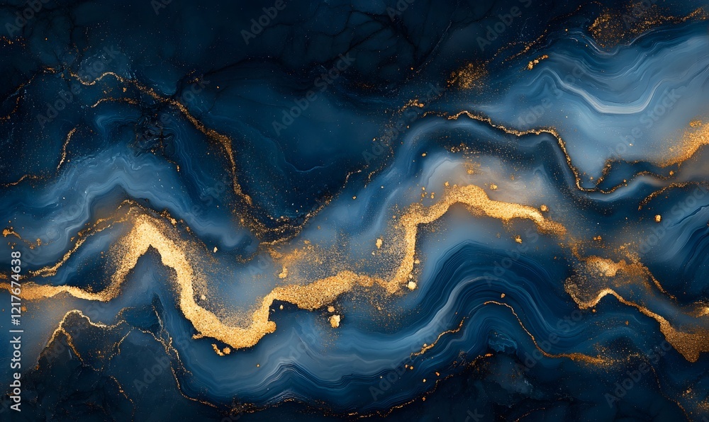 Fototapeta premium Abstract dark blue and gold fluid art with flowing ink and glitter effect background