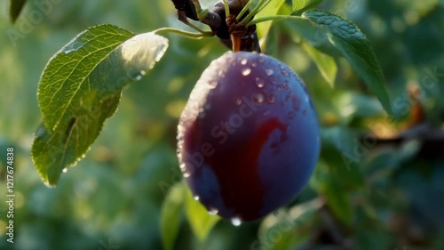 Close-up of a ripe plum hanging on a branch with water droplets during early morning light in a vibrant orchard