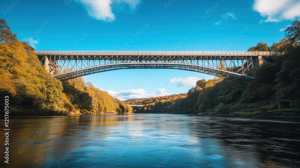 Naklejka premium Low-Angle Shot of a Modern Steel Bridge Spanning Over a River Beneath a Clear Blue Sky, Symbolizing the Achievement of Civil Engineering Design and Innovation