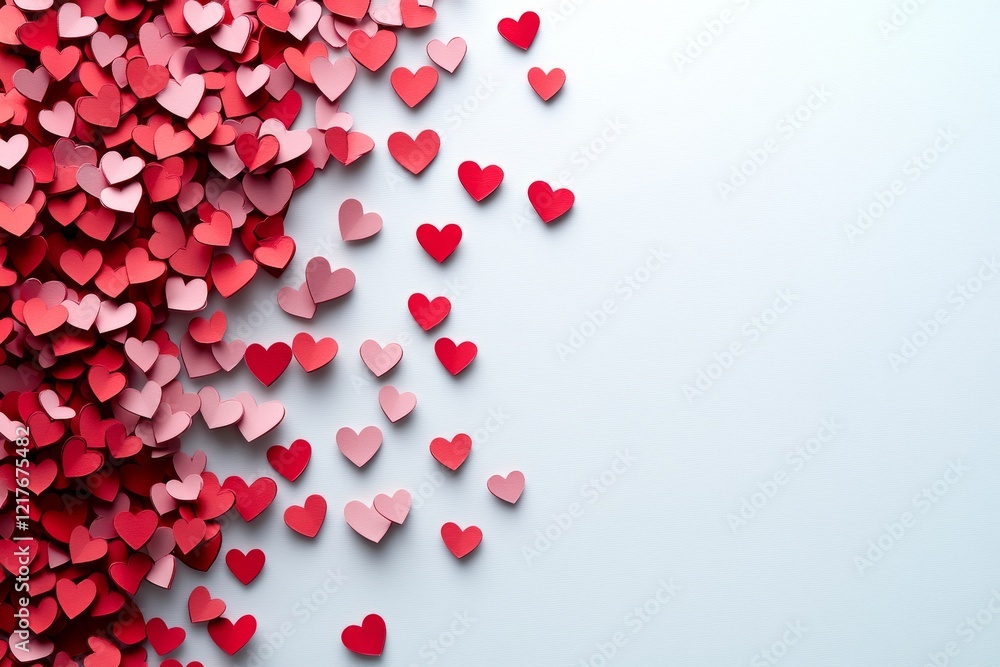 Red and pink paper hearts scattered on a white background Red and pink paper hearts scattered on a white background