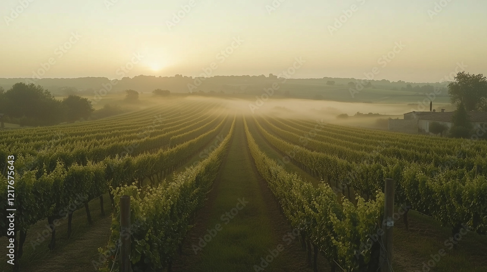 Naklejka premium Vineyards at Sunrise and Sunset with Rolling Hills and Misty Horizons