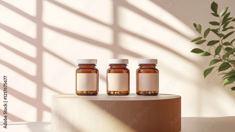 Fototapeta premium Three Amber Supplement Bottles With Blank Labels On Natural Wood Podium, Minimal Wellness Concept