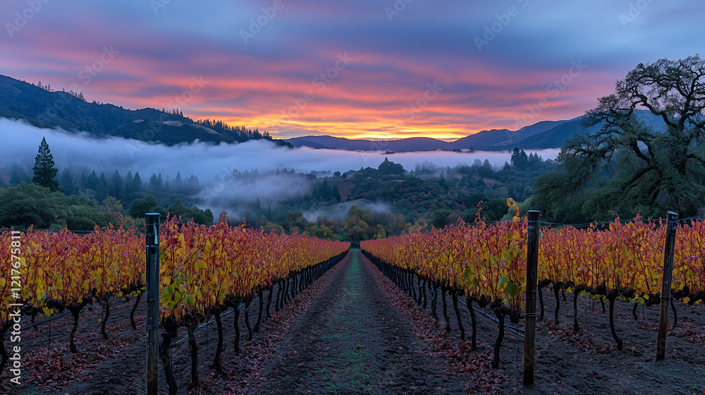 Fototapeta premium Vineyards at Sunrise and Sunset with Rolling Hills and Misty Horizons