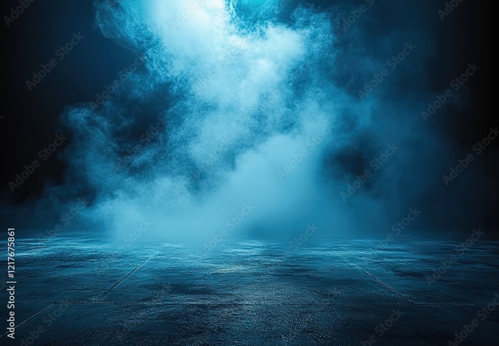 Dark background, fog, and smoke in the center of an empty room with a concrete floor.