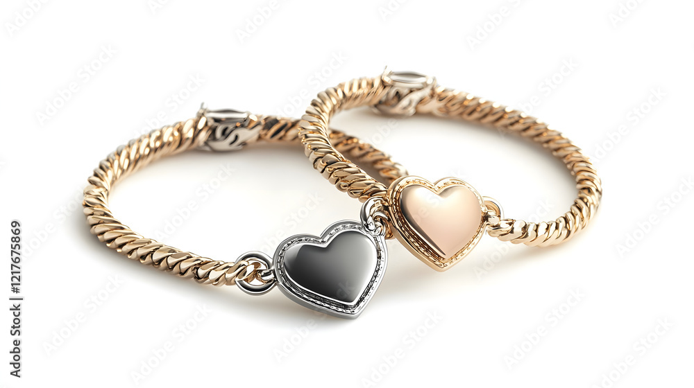 ? Custom engraved couple?s bracelet with heart-shaped charm isolated on white background in HD ? Custom engraved couple?s bracelet with heart-shaped charm isolated on white background in HD