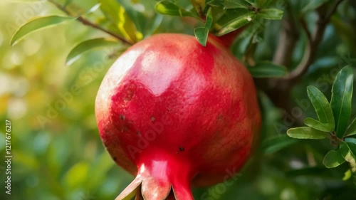 Fresh pomegranate fruit hanging from a tree branch in late afternoon light reflecting nature's beauty
