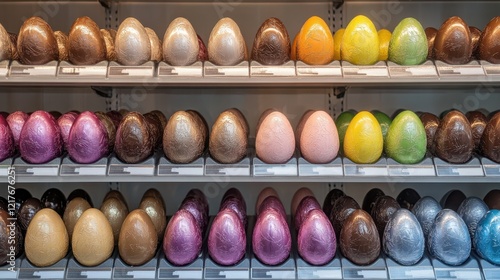 A vibrant display of colorful chocolate eggs arranged neatly on a shelf, celebrating the festive spirit of Easter. photo