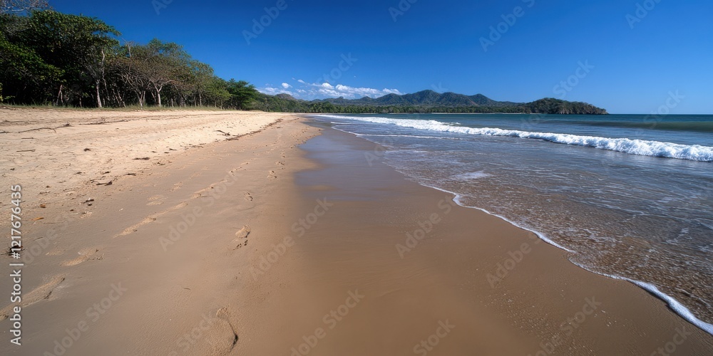 A sunlit beach stretches into the distance, with gentle waves lapping the shore under a vivid blue sky. A sunlit beach stretches into the distance, with gentle waves lapping the shore under a vivid blue sky.