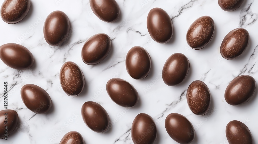 A close-up view of a marble countertop adorned with colorful chocolate eggs, perfect for the Easter celebration. A close-up view of a marble countertop adorned with colorful chocolate eggs, perfect for the Easter celebration.