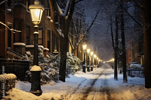 Boston Winter Night: Snowy Beacon Hill with Urban Lamps and Acorns in Massachusetts, US