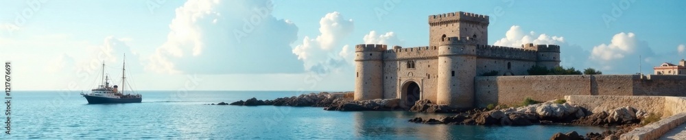 Fortaleza o castillo en el puerto de Marsella con embarcaciones, barco, ciudad Fortaleza o castillo en el puerto de Marsella con embarcaciones, barco, ciudad