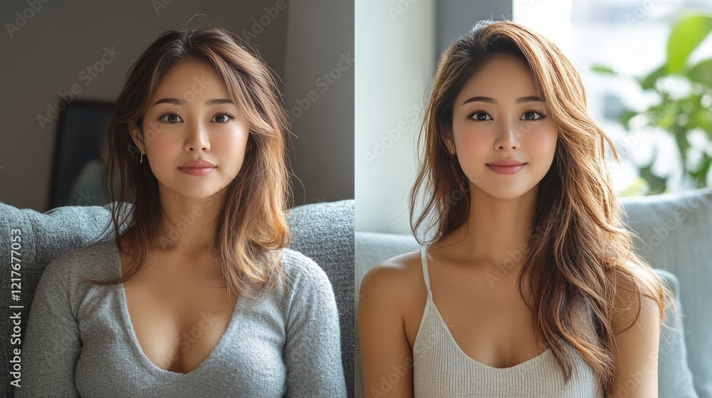 Portrait of two beautiful Asian women in their 20s and 30s, showcasing natural beauty, skincare. Portrait of two beautiful Asian women in their 20s and 30s, showcasing natural beauty, skincare.