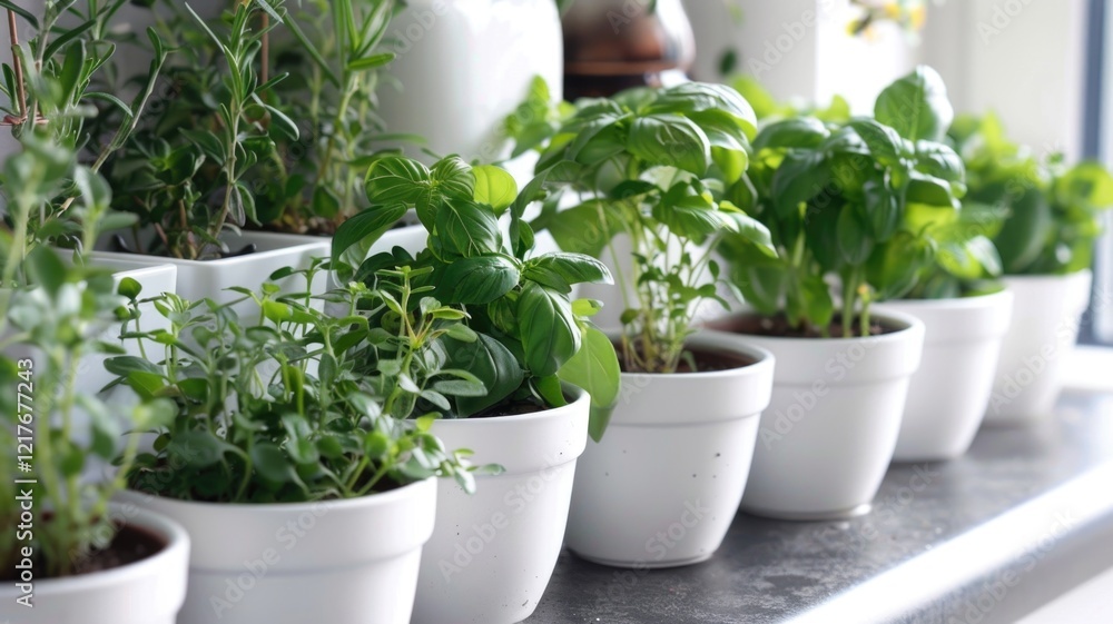 Lush greenery in white pots on a sunlit windowsill for home decor inspiration Lush greenery in white pots on a sunlit windowsill for home decor inspiration