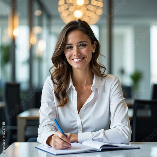 Busines woman working in office smiling lady female wokrker white shirt 