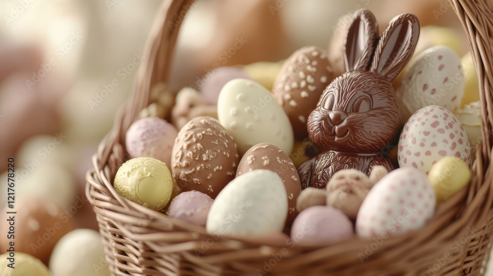 A festive basket brimming with chocolate eggs and accompanied by a cheerful bunny, perfect for celebrating Easter joyfully. A festive basket brimming with chocolate eggs and accompanied by a cheerful bunny, perfect for celebrating Easter joyfully.