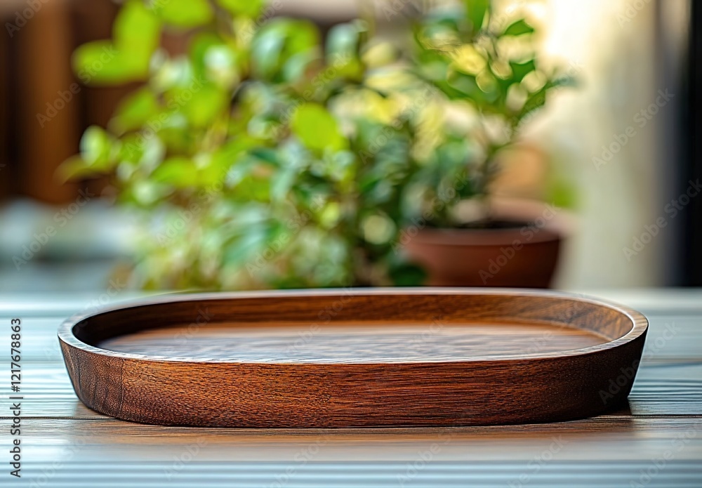 Wooden tray, oval shape, traditional Japanese style, placed on the table in front of an outdoor plant pot with green plants. Wooden tray, oval shape, traditional Japanese style, placed on the table in front of an outdoor plant pot with green plants.
