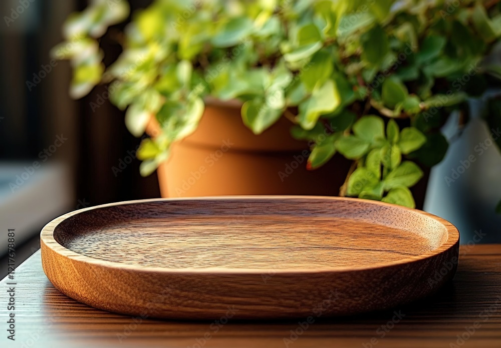 Wooden tray, oval shape, traditional Japanese style, placed on the table in front of an outdoor plant pot with green plants. Wooden tray, oval shape, traditional Japanese style, placed on the table in front of an outdoor plant pot with green plants.