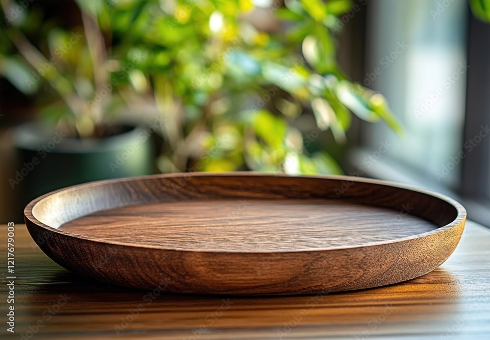 Wooden tray, oval shape, traditional Japanese style, placed on the table in front of an outdoor plant pot with green plants. Wooden tray, oval shape, traditional Japanese style, placed on the table in front of an outdoor plant pot with green plants.