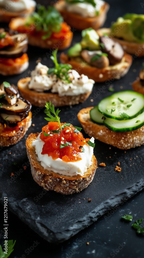 bruschettas Creamy goat cheese topped with glossy tomato jam. Sautéed mushrooms on cashew cream, garnished with parsley. Avocado mash paired with thin cucumber slices and a touch of spicy kimchi. bruschettas Creamy goat cheese topped with glossy tomato jam. Sautéed mushrooms on cashew cream, garnished with parsley. Avocado mash paired with thin cucumber slices and a touch of spicy kimchi.